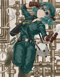 Rule 34 | 1girl, absurdres, adjusting eyewear, alternate costume, aqua eyes, aqua hair, belt, boots, breasts, brown gloves, full body, gloves, goggles, grin, hair bobbles, hair ornament, hand up, highres, holding, kawashiro nitori, key, kokko361, long sleeves, looking at viewer, medium breasts, overalls, industrial pipe, pocket, smile, solo, steampunk, teeth, toolbox, touhou, two side up, wrench