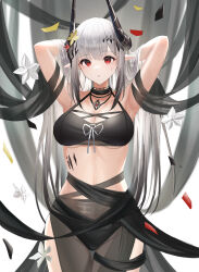 Rule 34 | 1girl, absurdres, arknights, bikini, black bikini, black hair, black ribbon, black sarong, breasts, cleavage, commentary, confetti, cowboy shot, demon horns, grey hair, hair ornament, hands in hair, highres, horn flower, horns, infection monitor (arknights), jewelry, large breasts, long hair, looking at viewer, material growth, mudrock (arknights), mudrock (silent night) (arknights), navel, necklace, official alternate costume, ohagi umeume, oripathy lesion (arknights), parted lips, pointy ears, red eyes, ribbon, sarong, see-through, see-through sarong, simple background, solo, standing, stomach, straight hair, swimsuit, thigh gap, white background