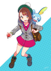 Rule 34 | 1girl, backpack, bag, boots, brown bag, brown footwear, brown hair, cardigan, collared dress, commentary request, creatures (company), dress, dynamax band, fingernails, game freak, gen 8 pokemon, gloria (pokemon), green headwear, green legwear, grey cardigan, hat, highres, holding, holding poke ball, nintendo, on shoulder, open mouth, orange eyes, pink dress, poke ball, poke ball (basic), pokemon, pokemon (creature), pokemon on shoulder, pokemon swsh, sobble, tam o&#039; shanter, teeth, tongue, upper teeth only, wedo