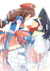 Rule 34 | 1boy, 1girl, android, breasts, brother and sister, brown hair, closed eyes, closed mouth, colonel (mega man), commentary request, digital dissolve, from side, hair between eyes, hat, helmet, holding, iris (mega man), looking at another, mega man (series), mega man x4, mega man x (series), open mouth, parco 1315, robot, siblings, simple background, smile, white background