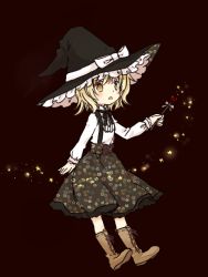 Rule 34 | 1girl, :o, blonde hair, blush, boots, hat, heart, kirisame marisa, long sleeves, looking at viewer, open mouth, short hair, siva, skirt, solo, sparkle, star (symbol), touhou, wand, witch hat, yellow eyes, aged down