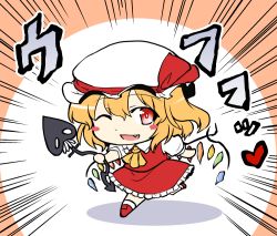 Rule 34 | 1girl, ascot, berusuke (beru no su), blonde hair, blush stickers, chibi, dress, fang, flandre scarlet, hat, hat ribbon, laevatein, mob cap, one eye closed, open mouth, puffy short sleeves, puffy sleeves, red dress, red eyes, ribbon, shirt, short sleeves, side ponytail, smile, solo, touhou, wings