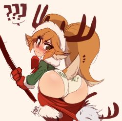 Rule 34 | 1girl, ass, assisted exposure, blush, clothes pull, embarrassed, highres, hip focus, kanel, league of legends, panties, pants, pants pull, poppy (league of legends), poro (league of legends), solo, tail, underwear, wide hips, yordle