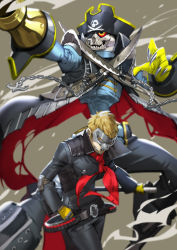 Rule 34 | 10s, absurdres, arm cannon, ascot, blonde hair, captain kidd (persona), chain, hat, highres, jojaow, looking at viewer, mask, persona, persona 5, pirate hat, sakamoto ryuuji, skull, skull mask, smile, sword, weapon