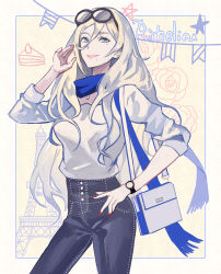 Rule 34 | 1girl, blonde hair, blue eyes, blue scarf, casual, character name, dated, denim, eyewear on head, hair between eyes, hand in own hair, hand on own hip, jeans, kantai collection, kasumi (skchkko), long hair, looking at viewer, mole, mole under eye, nail polish, official alternate costume, pants, pursed lips, red nails, richelieu (kancolle), scarf, solo, watch, white background, wristwatch