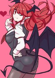Rule 34 | 1girl, ahoge, ass, black pantyhose, black skirt, black vest, black wings, closed mouth, collarbone, commentary request, cowboy shot, demon tail, demon wings, eyelashes, fugaku (miko no miyatsuguchi), hand on own hip, head wings, heart, highres, juliet sleeves, koakuma, long hair, long sleeves, necktie, one-hour drawing challenge, pantyhose, pencil skirt, pink background, pointy ears, puffy sleeves, red eyes, red hair, red necktie, shirt, skirt, smile, tail, touhou, very long hair, vest, white shirt, wings