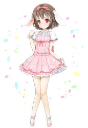 Rule 34 | 1girl, alternate costume, animal ears, ankle socks, brown hair, dress, frilled skirt, frills, full body, hair ribbon, hand up, inaba tewi, knees together feet apart, layered dress, looking at viewer, mary janes, petals, pink dress, pinnk dress, puffy short sleeves, puffy sleeves, rabbit ears, red eyes, ribbon, shoes, short hair, short sleeves, shou moeboshi, simple background, skirt, skirt hold, smile, socks, solo, standing, touhou, white background, wrist cuffs