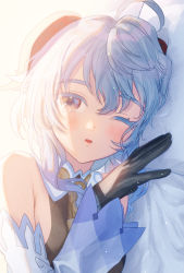 Rule 34 | 1girl, ahoge, bare shoulders, bed, bell, black gloves, blue hair, blush, detached sleeves, ganyu (genshin impact), genshin impact, gloves, highres, horns, kumonon (8f2k3), long hair, looking at viewer, lying, neck bell, on side, one eye closed, open mouth, pillow, pov, purple eyes, sidelocks, solo, waking up, white sleeves