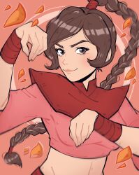 Rule 34 | 1girl, avatar: the last airbender, avatar legends, braid, breasts, brown eyes, closed mouth, hands up, highres, long hair, medium breasts, midriff, petals, pichichustudio, pink background, short sleeves, single braid, smile, solo, ty lee, upper body, very long hair