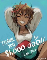 Rule 34 | 1girl, ajna (indivisible), arms behind head, arms up, brown eyes, brown hair, dark skin, english text, closed eyes, happy, indivisible, kinuko (kinucakes), smile, text focus