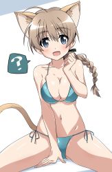 Rule 34 | 1girl, ?, absurdres, ahoge, animal ears, between legs, bikini, blue bikini, blue eyes, braid, breasts, brown hair, cat ears, cleavage, hand between legs, highres, large breasts, long hair, looking at viewer, lynette bishop, open mouth, side-tie bikini bottom, single braid, sitting, solo, spoken question mark, strike witches, string bikini, swimsuit, tail, tokiani, white background, world witches series