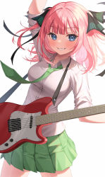 Rule 34 | 1girl, absurdres, arm up, bad id, bad pixiv id, black ribbon, blue eyes, blunt bangs, blush, breasts, collarbone, collared shirt, commentary request, cowboy shot, go-toubun no hanayome, green necktie, green skirt, grin, guitar, hair ornament, hair ribbon, harusame (user wawj5773), highres, holding, holding instrument, instrument, long hair, long sleeves, looking at viewer, medium breasts, miniskirt, nakano nino, necktie, pink hair, pleated skirt, ribbon, shirt, simple background, skirt, smile, solo, standing, striped necktie, striped neckwear, teeth, two side up, white background, white shirt