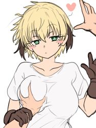 Rule 34 | 1boy, 1girl, blonde hair, breast hold, breasts, ebora, fate/grand order, fate (series), gareth (fate), green eyes, hair flaps, highres, large breasts, looking at viewer, shirt, short hair, white background, white shirt