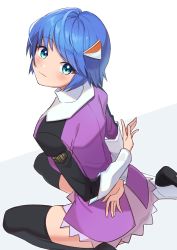 Rule 34 | 1girl, arms behind back, black thighhighs, blue hair, blush, closed mouth, feet out of frame, hair ornament, hairclip, highres, kamuraaa 615, looking at viewer, scheris adjani, scryed, short hair, smile, solo, thighhighs, uniform