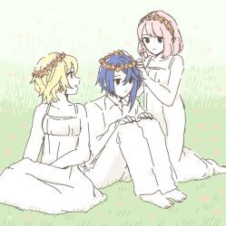 Rule 34 | 1boy, 2girls, alcryst (fire emblem), alternate costume, asymmetrical hair, barefoot, blue hair, citrinne (fire emblem), closed mouth, dolly deer, dress, earrings, fire emblem, fire emblem engage, flower, head wreath, jewelry, lapis (fire emblem), light smile, looking at another, multiple girls, nintendo, on grass, pink hair, shirt, sitting, white dress