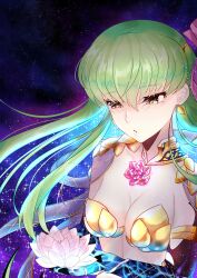Rule 34 | 1girl, absurdres, breasts, budgiepon, c.c., chest jewel, cleavage, code geass, collarbone, commentary, earrings, elbow gloves, expressionless, eyelashes, fate/grand order, fate (series), flower, gloves, green hair, hair between eyes, hair spread out, highres, holding, holding flower, jewelry, kama (fate), long hair, medium breasts, midriff, night, nose, parted lips, sky, solo, sparkle, star (sky), starry sky, very long hair, white lotus, yellow eyes