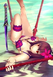 Rule 34 | 1girl, afloat, bikini, breasts, dear (10956869), fate/grand order, fate (series), flower, gae bolg (fate), hair flower, hair ornament, highres, large breasts, lens flare, long hair, looking at viewer, lying, nail polish, navel, on back, partially submerged, polearm, purple hair, red eyes, scathach (fate), scathach (fate), scathach (swimsuit assassin) (fate), solo, spear, swimsuit, upside-down, water, weapon