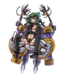 Rule 34 | 1girl, :d, animal ears, bad anatomy, belt, collar, fang, flat chest, goggles, goggles on head, green hair, gremlin (monster girl encyclopedia), hand on own cheek, hand on own face, holding, imageboard desourced, looking at viewer, machinery, mechanical arms, monster girl encyclopedia, navel, non-web source, open clothes, open mouth, orange eyes, short hair, simple background, sitting, smile, solo, source request, spread legs, sud (sudea), white background