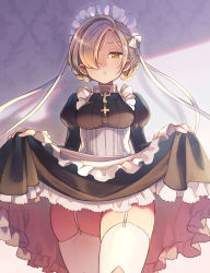 Rule 34 | 1girl, apron, azur lane, black dress, blonde hair, braid, breasts, closed mouth, clothes lift, collar, cowboy shot, dress, dress lift, expressionless, frilled apron, frilled dress, frills, garter straps, hair over one eye, highres, juliet sleeves, lifting own clothes, long sleeves, looking at viewer, maid, maid headdress, medium breasts, puffy sleeves, shaded face, sheffield (azur lane), short hair, skirt, skirt lift, solo, thick thighs, thighhighs, thighs, white apron, white thighhighs, yellow eyes, yuko (uc yuk)