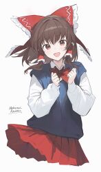 Rule 34 | 1girl, blue sweater vest, blush, bow, bowtie, brown eyes, brown hair, hair bow, hair tubes, hakurei reimu, highres, long hair, long sleeves, looking at viewer, open mouth, pleated skirt, red bow, red bowtie, red skirt, shirt, skirt, smile, solo, soybean (hisoybean), sweater vest, touhou, white shirt