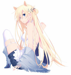 Rule 34 | 1girl, album cover, animal ears, apron, back, bad id, bad pixiv id, bare shoulders, blonde hair, blue eyes, boots, bustier, cat ears, corsage, cover, hair ornament, hairclip, high heel boots, high heels, long hair, looking at viewer, looking back, one side up, original, sacraneco, shawl, simple background, sitting, skirt, solo, thighhighs, very long hair, waist apron, white background, white thighhighs