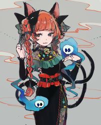 Rule 34 | 1girl, :3, adapted costume, animal ears, bell, black dress, black nails, blunt bangs, braid, cat ears, cat tail, closed mouth, cowboy shot, dress, earrings, extra ears, flaming skull, floral print, grey background, hand up, hitodama, jewelry, jingle bell, kaenbyou rin, looking to the side, mozukuzu (manukedori), multiple tails, nail polish, nekomata, red eyes, simple background, solo, tail, touhou, twin braids, twintails, two tails
