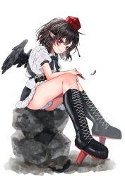 Rule 34 | 1girl, bird wings, black feathers, black footwear, black ribbon, black skirt, black wings, boots, breasts, camera, closed mouth, collared shirt, commentary request, cross-laced footwear, feathered wings, feathers, frilled skirt, frills, full body, geta, hat, highres, holding, holding pen, miniskirt, neck ribbon, pen, pointy ears, puffy short sleeves, puffy sleeves, red eyes, red hat, ribbon, rock, shameimaru aya, shirt, short sleeves, simple background, sitting, sitting on rock, skirt, small breasts, smile, solo, tengu-geta, tokin hat, touhou, tsuyuji shigure, white background, white shirt, wings