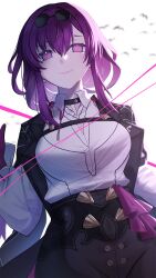 Rule 34 | 1girl, black jacket, breasts, cleavage, cleavage cutout, clothing cutout, commentary, eyewear on head, gloves, highres, honkai: star rail, honkai (series), jacket, kafka (honkai: star rail), long hair, long sleeves, looking at viewer, open clothes, open jacket, purple eyes, purple hair, rktsm, shirt, smile, solo, sunglasses, upper body, white background, white shirt