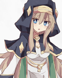 Rule 34 | 1girl, :o, black capelet, black veil, blonde hair, blue eyes, breasts, capelet, character request, cleavage, coif, commentary request, copyright request, cross, diamond-shaped brooch, dress, eyelashes, hairband, large breasts, long hair, long sleeves, minoru minoru, open mouth, sidelocks, solo, upper body, veil, very long hair, white background, white dress, yellow hairband, yellow trim