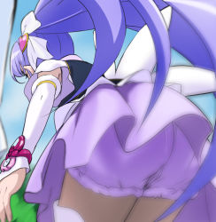 Rule 34 | 10s, 1girl, armpit peek, ass, cure fortune, from behind, hair ornament, happinesscharge precure!, haruyama kazunori, heart, heart hair ornament, hikawa iona, long hair, magical girl, ponytail, precure, purple hair, solo, wide ponytail