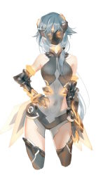 Rule 34 | 1girl, bare shoulders, black footwear, black gloves, black hair, black leotard, boots, fu hua, fu hua (shadow knight), gauntlets, gloves, glowing, hand on own hip, highres, honkai (series), honkai impact 3rd, leotard, long hair, looking at viewer, mask, simple background, solo, thigh boots, white background, xing dao
