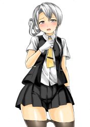 Rule 34 | 1girl, asymmetrical hair, black pantyhose, black skirt, clothes pull, collared shirt, commentary request, cowboy shot, dress shirt, flipped hair, gloves, grey eyes, kantai collection, kudou (ooabareteng), looking at viewer, neckerchief, nowaki (kancolle), pantyhose, pantyhose pull, pleated skirt, school uniform, shirt, simple background, skirt, solo, standing, swept bangs, vest, white background, white gloves, white hair, white shirt, white vest, yellow neckerchief