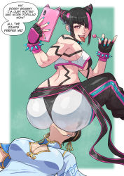 Rule 34 | 2girls, absurdres, ass, ass on head, bracelet, breasts, candy, capcom, cellphone, chinese clothes, chun-li, cirenk, cleavage, cleavage cutout, clothing cutout, collar, earrings, english text, food, gloves, han juri, highres, huge ass, jewelry, lollipop, crop top, multiple girls, nail polish, phone, sitting, sitting on face, sitting on person, smartphone, spiked bracelet, spiked collar, spiked wristband, spikes, street fighter, street fighter 6, thong, tongue, tongue out, underboob, yuri