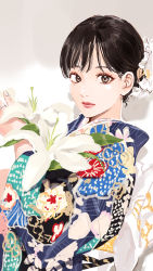 Rule 34 | 1girl, black eyes, black hair, eyebrows hidden by hair, flower, hair between eyes, hair ornament, highres, holding, holding flower, japanese clothes, kimono, lily (flower), looking at viewer, nardack, original, short hair, simple background, solo, upper body, white background