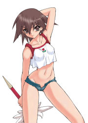 Rule 34 | 1girl, arm up, armpits, breasts, brown eyes, brown hair, crop top, denim, denim shorts, covered erect nipples, groin, mahou shoujo ai, midriff, navel, open clothes, open shorts, rin (mahou shoujo ai), ruuen rouga, shorts, small breasts, solo, unbuttoned, weapon