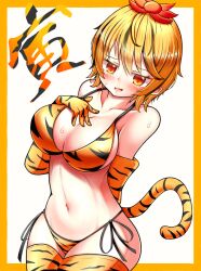 Rule 34 | 1girl, absurdres, animal print, arm behind back, bikini, black hair, blonde hair, blush, border, breasts, chinese zodiac, cleavage, commentary, cowboy shot, elbow gloves, gloves, gyuta, hair ornament, hand on own chest, highres, large breasts, looking at viewer, multicolored hair, navel, open mouth, orange bikini, orange border, orange eyes, orange gloves, short hair, side-tie bikini bottom, simple background, solo, streaked hair, swimsuit, thighhighs, tiger print, toramaru shou, torn clothes, torn thighhighs, touhou, white background, year of the tiger