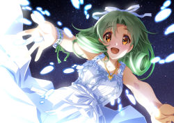Rule 34 | 1girl, bare arms, commentary request, dress, dutch angle, green hair, hair ribbon, highres, idolmaster, idolmaster million live!, idolmaster million live! theater days, jewelry, long dress, looking at viewer, necklace, night, open mouth, orange eyes, pearl necklace, pure onepiece (idolmaster), reaching, reaching towards viewer, ribbon, senomoto hisashi, sky, sleeveless, sleeveless dress, solo, star (sky), starry sky, sundress, tokugawa matsuri, white dress, wrist ribbon