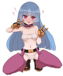 Rule 34 | 1girl, :d, ?, belt, belt collar, bikini, black belt, blue hair, blush, breasts, collar, detached pants, double w, eyepatch bikini, full body, gloves, highres, hypnosis, kula diamond, long hair, looking at viewer, medium breasts, micro bikini, mind control, navel, open mouth, pants, pink pants, simple background, smile, solo, squatting, sumiyao (amam), swimsuit, the king of fighters, underboob, w, white background