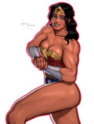 Rule 34 | 1girl, absurdres, armor, bare shoulders, black hair, breasts, clenched hands, dc comics, highres, large breasts, long hair, muscular, muscular female, pope of dairy, red lips, simple background, solo, thighs, white background, wonder woman