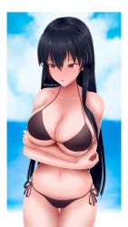 Rule 34 | 1girl, absurdres, akame (akame ga kill!), akame ga kill!, arms under breasts, artist name, bikini, black bikini, black hair, blue sky, blurry, blurry background, blush, border, breast hold, breasts, cleavage, cloud, collarbone, commentary, cowboy shot, depth of field, embarrassed, hair between eyes, halterneck, hand on own arm, highres, large breasts, long hair, navel, nose blush, outdoors, parted lips, red eyes, rezeharu, side-tie bikini bottom, sky, solo, standing, stomach, straight hair, swimsuit, thigh gap, very long hair, water, white border
