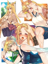 Rule 34 | 1boy, 1girl, :o, alternate costume, alternate hairstyle, bag, bare shoulders, black pants, blonde hair, blue shirt, blue shorts, blush, bracelet, breasts, casual, collarbone, commentary request, contemporary, exercising, fate/grand order, fate (series), fujimaru ritsuka (male), hair bun, hair up, hand on another&#039;s head, handbag, head wings, highres, jewelry, large breasts, long hair, mitsurugi sugar, multiple views, pants, red eyes, school swimsuit, shirt, shorts, single hair bun, sit-up, solo focus, sweat, sweatdrop, swimsuit, thrud (fate), tongue, tongue out, translation request, valkyrie (fate), very long hair, white shirt, wings