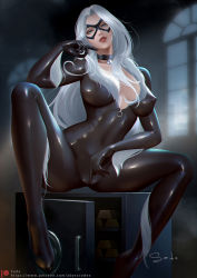 Rule 34 | 1girl, artist name, black bodysuit, black cat (marvel), blue eyes, bodysuit, box, breasts, choker, commentary request, covered erect nipples, covered navel, felicia hardy, gold bar, hand up, impossible bodysuit, impossible clothes, indoors, lips, lipstick, long hair, long sleeves, looking at viewer, makeup, marvel, mask, medium breasts, on box, parted lips, sade abyss, safe (container), signature, sitting, sitting on box, skin tight, solo, spider-man (series), spread legs, white hair, window, zipper pull tab