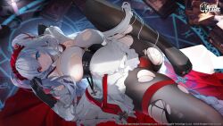 1girl apron azur_lane blue_eyes book breasts candle company_name copyright_name cross elbing_(azur_lane) elbing_(the_throne_of_misfortune)_(azur_lane) elbow_gloves gloves hair_ornament heterochromia highres iron_cross large_breasts leg_up logo long_hair looking_at_viewer lying maid maid_headdress official_alternate_costume official_art omone_hokoma_agm on_back pale_skin panties panties_under_pantyhose pantyhose parted_lips red_eyes skirt tears torn_clothes torn_pantyhose twintails underwear waist_apron white_hair