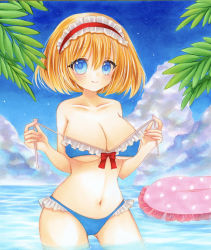 Rule 34 | 1girl, absurdres, alice margatroid, alternate costume, bare shoulders, beach, bikini, blonde hair, blue bikini, blue eyes, blue sky, blush, bow, bow bikini, breasts, closed mouth, cloud, cloudy sky, collarbone, commentary request, frills, gluteal fold, hair between eyes, hairband, hands up, highres, innertube, large breasts, looking at viewer, marker (medium), navel, ocean, outdoors, palm tree, red bow, red hairband, short hair, sky, smile, solo, standing, summer, swim ring, swimsuit, touhou, traditional media, tree, water, yuuki hana (jtnp5334)