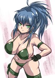 Rule 34 | bikini, blue hair, breasts, gloves, green eyes, hair tied back, highres, large breasts, leona heidern, snk, swimsuit, the king of fighters