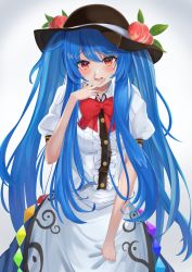 Rule 34 | 1girl, alternate hairstyle, black hat, blue hair, blue skirt, blush, buttons, center frills, collared shirt, food, food-themed hat ornament, frills, fruit, fruit hat ornament, hair between eyes, hat, hat ornament, highres, hinanawi tenshi, long hair, mukade 172, open mouth, peach, puffy short sleeves, puffy sleeves, rainbow order, red eyes, shirt, short sleeves, skirt, smile, solo, touhou, twintails, upper body, white shirt