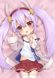 Rule 34 | 1girl, animal ears, artist name, azur lane, bad id, bad pixiv id, bare shoulders, bed sheet, blush, camisole, collarbone, cowboy shot, fur-trimmed jacket, fur trim, hair between eyes, hair ornament, hairband, hands up, head tilt, jacket, jewelry, laffey (azur lane), long hair, long sleeves, looking at viewer, lying, off shoulder, on back, open clothes, open jacket, parted lips, pink jacket, pleated skirt, purple hair, rabbit ears, red eyes, red hairband, red skirt, reo (re2kn), ring, skirt, sleeves past wrists, solo, strap slip, thighhighs, twintails, very long hair, wedding band, white thighhighs