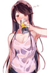 Rule 34 | 1girl, alcohol, blush, breasts, can, commentary, drinking, drunk, green pants, gundou mirei, highres, lamb (hitsujiniku), long hair, looking at viewer, medium breasts, nijisanji, pants, red eyes, shirt, simple background, sketch, sleeveless, solo, squeans, strong zero, sweat, upper body, very long hair, virtual youtuber, wet, wet clothes, wet shirt, white background, white shirt