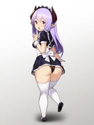 Rule 34 | 1girl, ass, black footwear, black panties, commentary request, demon girl, demon horns, demon maid (houtengeki), from behind, full body, gradient background, hand up, highres, horns, houtengeki, long hair, looking at viewer, looking back, maid, open mouth, original, panties, pointy ears, puffy short sleeves, puffy sleeves, purple eyes, purple hair, shoes, short sleeves, shortstack, simple background, solo, thighhighs, underwear, white thighhighs, wrist cuffs