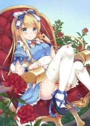 Rule 34 | 1girl, :p, :q, alice (alice in wonderland), alice (alice in wonderland) (cosplay), alice in wonderland, ankle ribbon, blonde hair, blue bow, blue dress, blue eyes, blue ribbon, blush, bow, brooch, chair, convenient leg, cookie, cosplay, dress, emilion, emu alice, english text, flower, food, frilled ribbon, frilled skirt, frills, garter straps, green eyes, hair bow, hair ribbon, heart, holding, jewelry, leg ribbon, liver city, long hair, looking at viewer, original, petals, puffy short sleeves, puffy sleeves, red flower, red rose, red upholstery, ribbon, rose, rose petals, shoes, short sleeves, sitting, skirt, solo, thighhighs, tongue, tongue out, tufted upholstery, underbust, white thighhighs, wrist cuffs